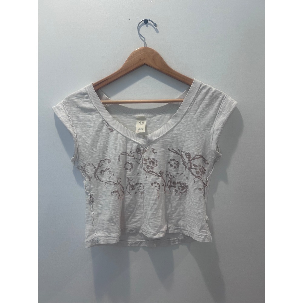 We The Free Graphic Tee Womens XS White Floral Slub Knit Cap Sleeve Top